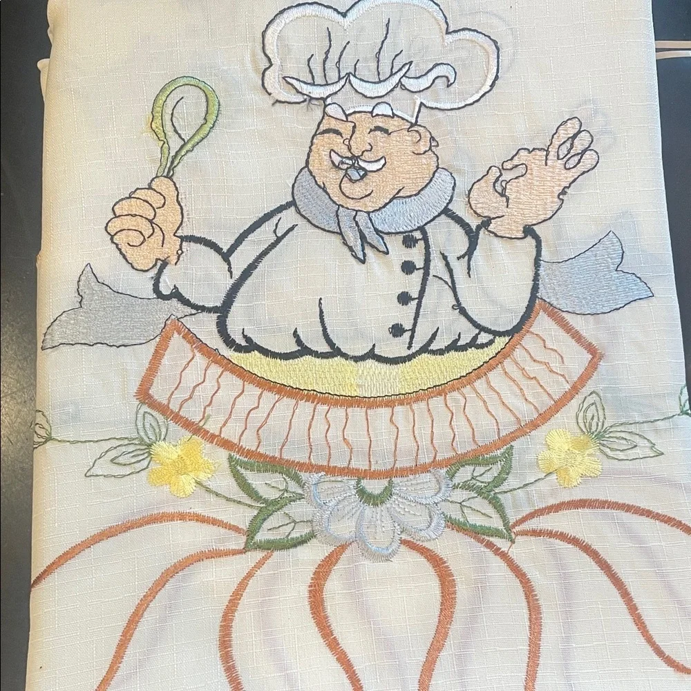 Embroidered Kitchen Curtain Set - off white 2 panels - 1 valance chef pattern